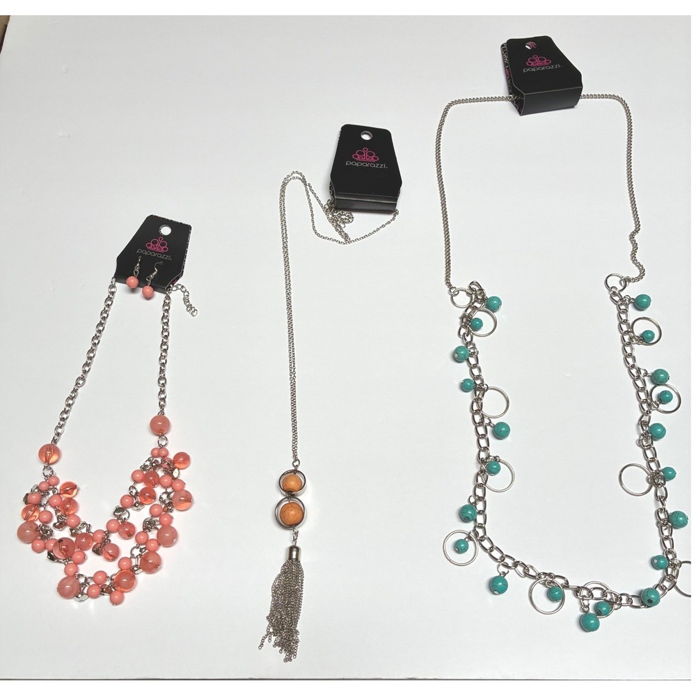 Paparazzi Jewelry Lot 3 Necklaces Coral Bead Tassel Turquoise Style Silver Tone